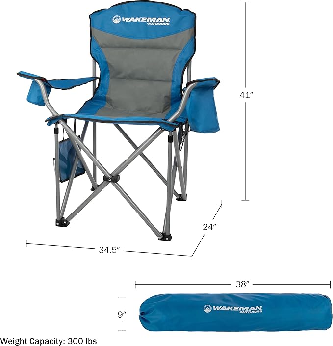Oversized Camping Chair 300lbs - Heavy Duty Folding Chair with Cooler Pouch and Carry Bag for Camp Sites, Tailgates, or Beach by Wakeman (Blue)