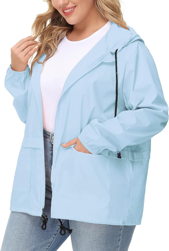 Avoogue Plus Size Raincoat Women Waterproof Rain Jacket Packable Outdoor Hooded Windbreaker