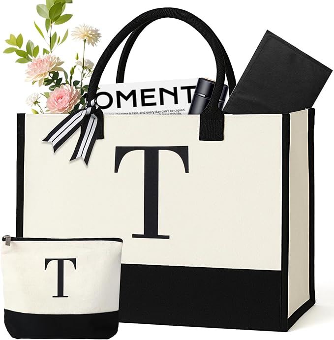 Personalized Canvas Tote Bag for Women Makeup Pouch Initial Beach Bag Removable Bottom Board for Travel Birthday