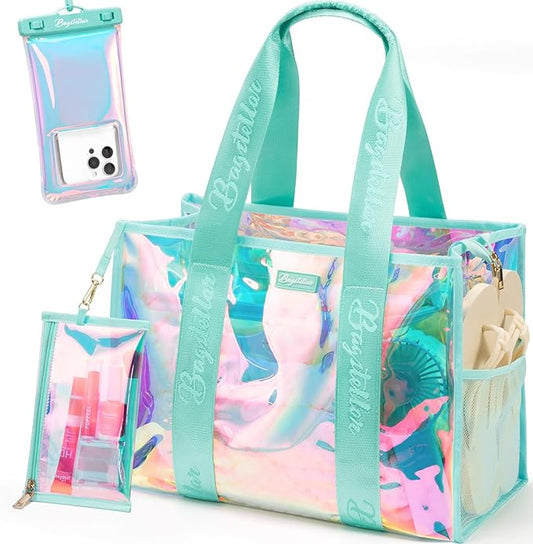 Bagstellar Iridescent Beach Tote Bags for Women, Large Zipper Beach Pool Swim Bag with Makeup Bag & Waterproof Phone Pouch | Waterproof Sandproof, Adjustable Strap, Packable, Foldable, Travel Tote Bags, Vacation Essentials, Gift for Women