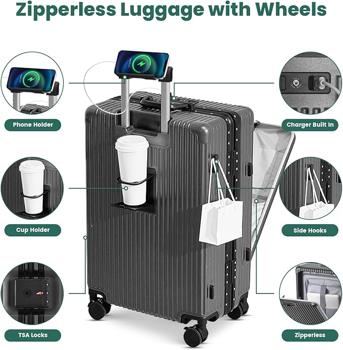 20 Inch Aluminum Frame Carry On Luggage with Front Pocket, USB Port, Phone Holder & Cup Holder, Hard Shell Spinner Suitcase for Airplane Travel, Grey