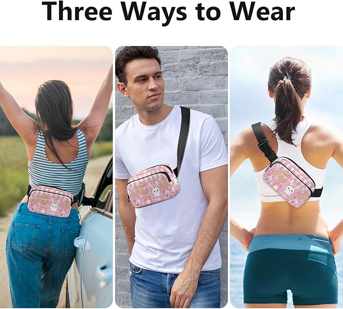 Kawaii Pink Checkered Bunny French Fries Fanny Pack for Women Men Water Resistant Fashion Waist Packs with Adjustable Strap Belt Bag for Travel Workout Jogging Hiking 21219119