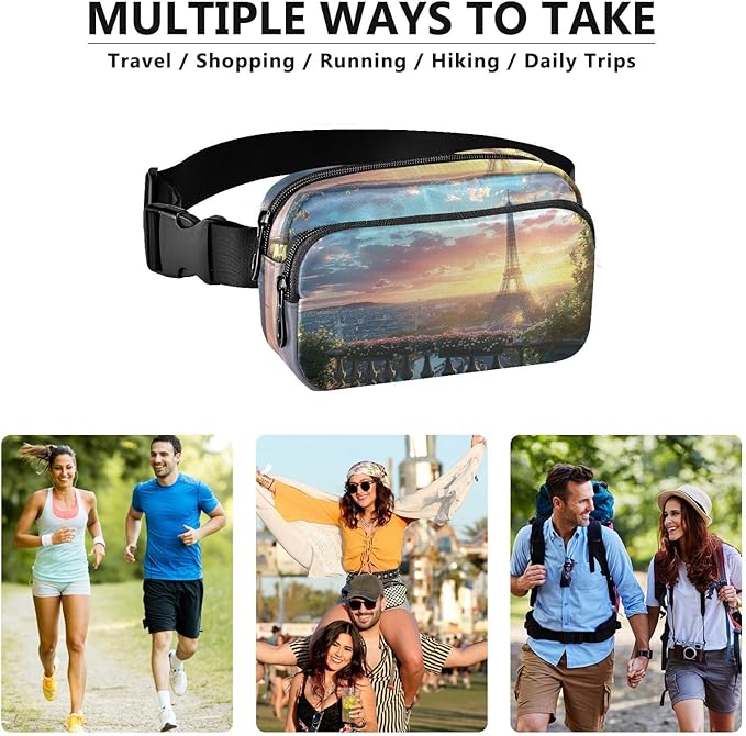 Paris Balcony View Eiffel Tower Fanny Pack for Women Men Water Resistant Fashion Waist Packs with Adjustable Strap Belt Bag for Travel Workout Jogging Hiking 21220606