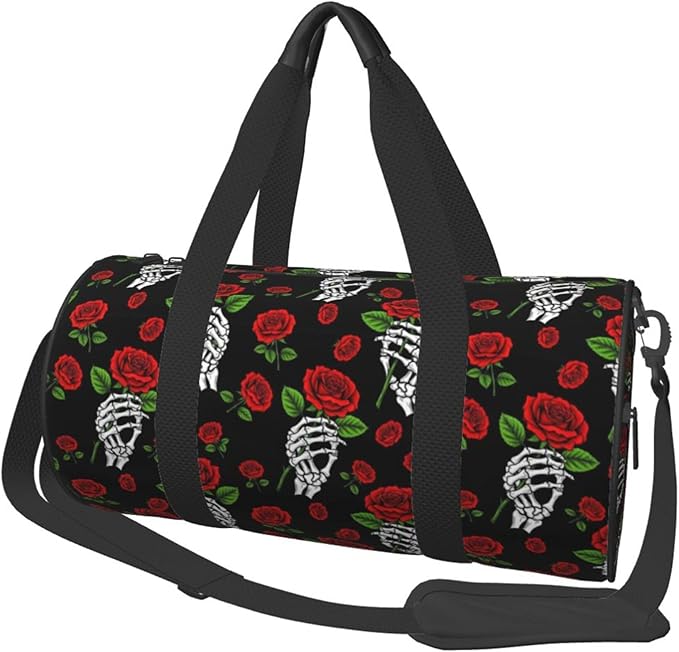 Small Yoga Bag Foldable for Women Mini Gym Duffle Bag Gothic Skull Skeleton Hand Holding Red Rose for Travel Sports Workout