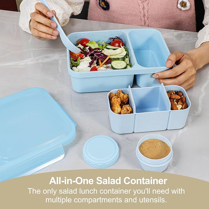 Caperci 2 Pack Salad Container for Lunch - 62 oz Large Bento Lunch Box for Adults, 2-Compartment Meal Prep Container with Removable Toppings Tray, Sauce Cup, Reusable Fork, BPA-Free (Blue & Tofu)