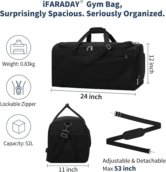 iFARADAY 52L Men's Gym Bag with Shoe Compartment - 24 inch Duffle Bag for Travel, Sports, Fitness & Workout (Black)