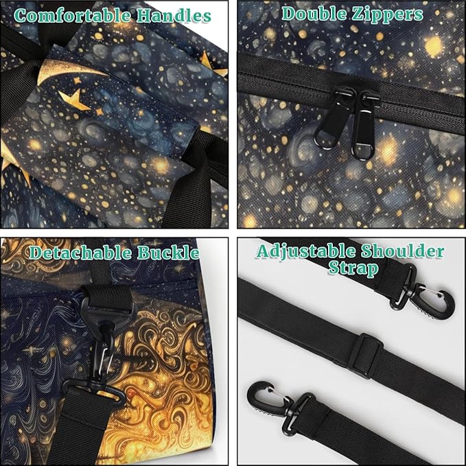 Forest Moon Gym Travel Duffle Bag for Women & Men with Front Zipper Pocket for Sports, Overnight, Weekender, Carry On,Workout & Dance Bag,Golden Moon Star,18.9 * 8.7 * 10.6 in