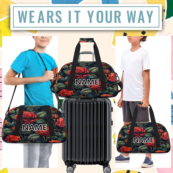 Red Roses Mini Gym Bag 18 inch for Women Men Waterproof Custom Flower Roses Red Travel Duffel Bag Carry On Overnight Tote Nurse Bag for Work Fitness Hiking