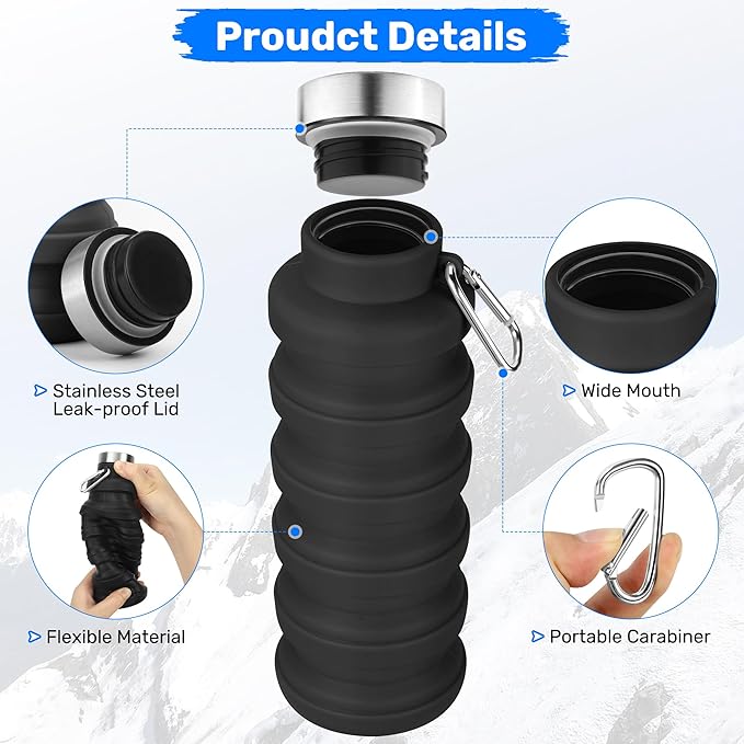 Collapsible Water Bottle, 16oz Portable Reusable Silicone Water Bottle, BPA-Free Leak-Proof Foldable Design with Carabiner, Lightweight Durable for Gym, Travel, Camping, Hiking, Sports, Light Blue