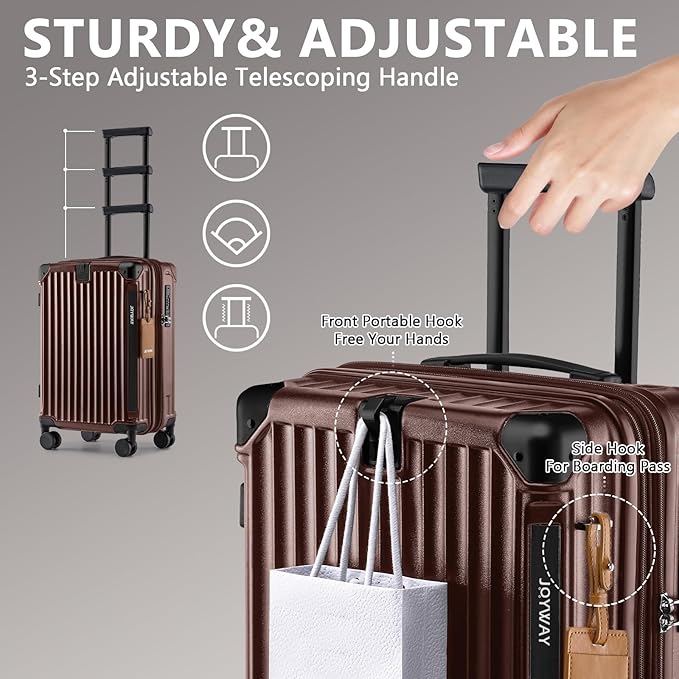 Joyway Carry On Luggage, Expandable Suitcase with Smart Cup Holder and USB Port, 20 IN Hardside Checked with TSA Lock Spinner Double Wheels (Coffe, Carry-On 20-Inch)