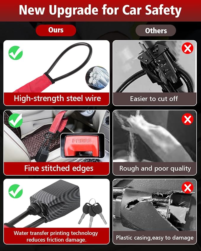 Upgraded car Steering Wheel Lock, seat Belt Lock and Anti-Theft Device, Water Transfer Printing Process, 3 Keys, Multi-Functional, Suitable for Most Vehicles, SUVs and Golf cart Security (red).