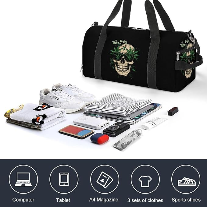 Weed Skull Gym Bag Travel Duffle Bag Workout Sports Bag with Shoe Compartment