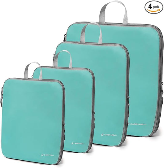 (Not Made In China) Compression Packing Cubes For Travel, Suitcase and Luggage Space Saver Organizer Bags, Lightweight, Waterproof Nylon, Durable, 4pc Set, Lake Blue