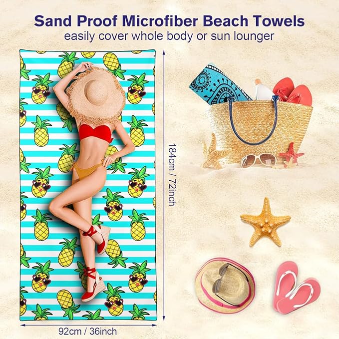 Tropical Pineapple Beach Towel, 36"x72" Sand Free Quick Dry Thin Lightweight Microfiber Fruit Towel for Travel