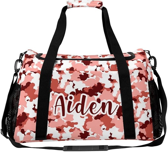 Personalized Sports Duffle Bags for Training, Red Camouflage Maroon Camo White Travel Bags with Adjustable Shoulder Strap, Custom Name Birthday Holiday Gift