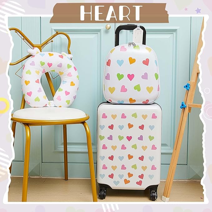 Sanwuta 4 Pcs Kids Luggage Set Rolling Suitcase Backpack U-shaped Pillow Kids Carry On Gift for Summer Travel Family Trip(20 Inch,Heart Style,White)