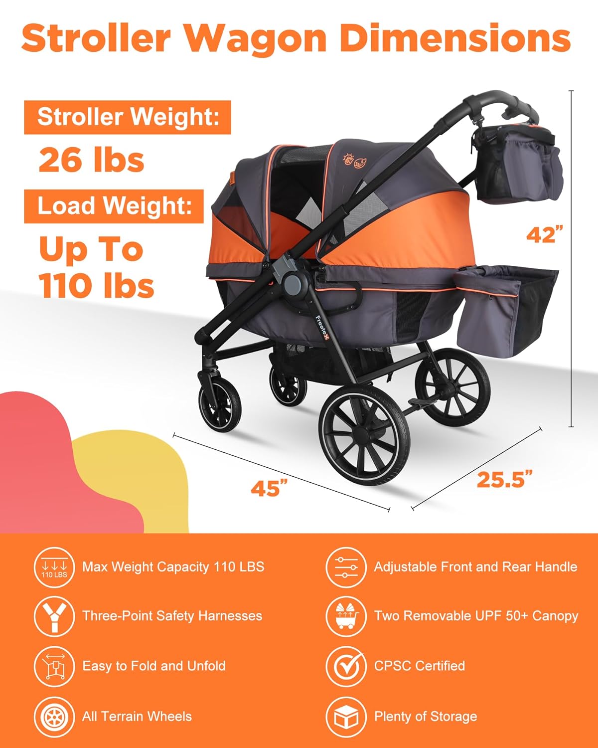 Tandem Wagon Stroller – All-Terrain 2-in-1 Push & Pull Design, Double Seat, Large Storage, Adjustable Canopy, Removable Child Tray for Kids Outdoor Adventures & Family Outings