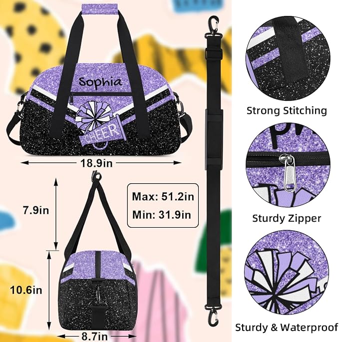 Personalized Glitter Purple Cheer Bag for Cheerleaders, Custom Sport Gym Bag Dance Bag Travel Duffle Bag Cheerleading Gifts for Women
