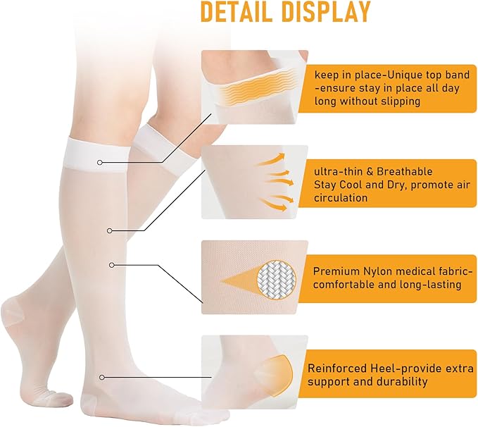 2 Pairs Sheer Compression Socks for Women - 15-20 mmHg Knee High Sheer Compression Stockings for Support Circulation Swelling Edema Work Office Travel, White, Medium