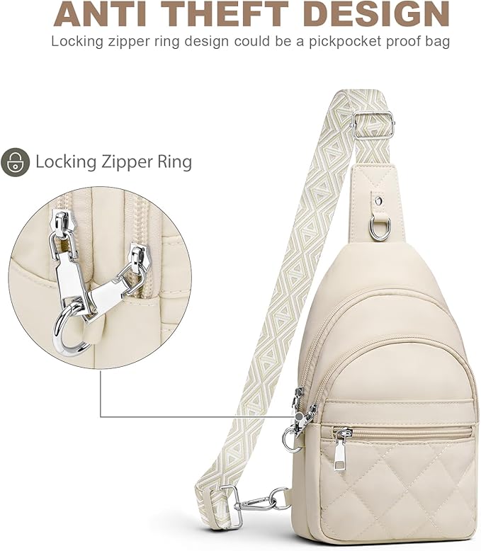 Sling Bag for Women, Anti-Theft RFID Crossbody Bag Nylon Sling Purse for Travel, Puffy Small backpack for Daily Hiking Sports White