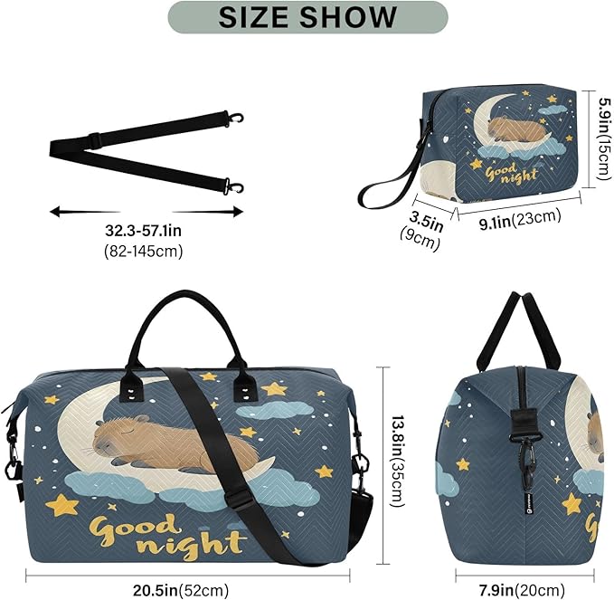 Travel Duffle Bag, Good Night Moon Capybara Gym Bag with Storage Bag Weekender Overnight Bag for Men Women Trip Sports Yoga