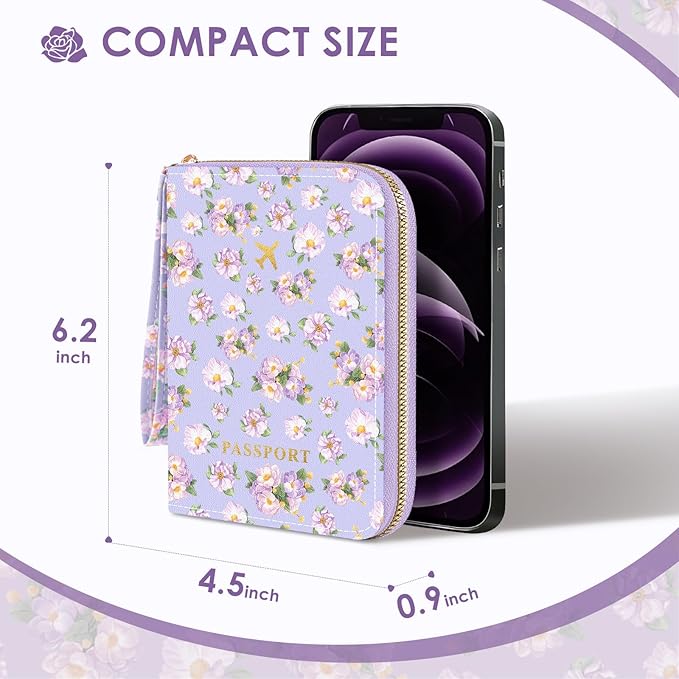 Passport Holder, Passport Holder For Travel, Passport Cover For Travel Essentials, Passport Wallet Cover RFID Blocking, Cute Passport Book for Women and Men, Purple Flowers