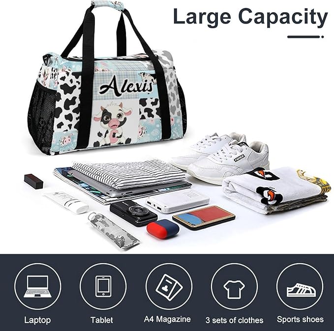 Gym Bags Blue Plaid Patchwork Cow Pattern Duffel Bag Adjustable Shoulder Strap Perform Training Travel Bag for Teens Adults Women Men Overnight Bag