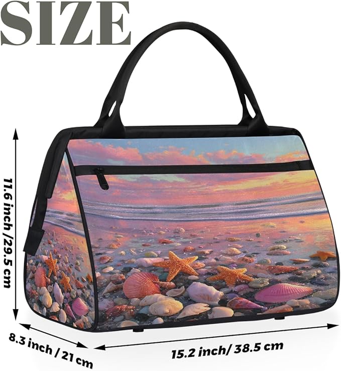 Sunset Beach Shell Starfish Overnight Weekender Bags for Women Men, Waterproof Travel Carry On Duffel Bag, Lightweight Sports Gym Bag for Fitness, Workout, Travel