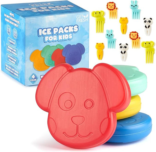 GET FRESH Mini Freezer Ice Packs for Lunch Boxes - 4-Pack Cute Small Ice Blocks for Cool Bags and Kids Lunch Box – Reusable Animal Freezer Blocks for Kids Lunch Cool Boxes Bags with 10 Food Picks