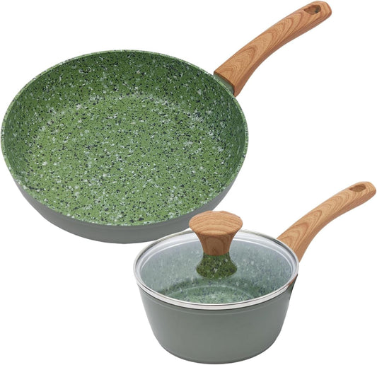 Nonstick Cookware Set, 2-Piece Non-Toxic Coated 10.25 Inch Frying Pan & Saucepan with Lid, PFOA Free Dishwasher Safe, Induction Compatible, Beginner Kitchen Pots and Pans Set, Green