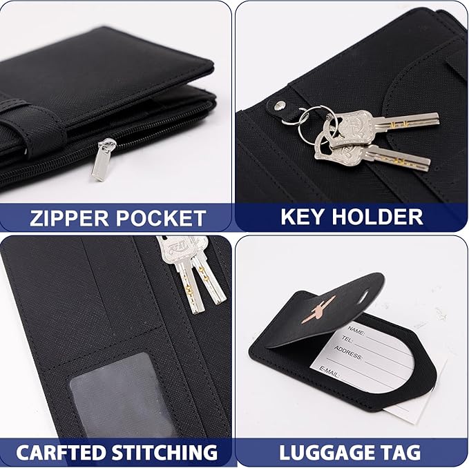 Deziliao Passport Wallet for Men and Women, Mulit-purpose RFID Blocking Passport Holder Travel Wallet, Passport and Vaccine Card Holder Combo, Travel Essentials Passport Cover Case（Black）