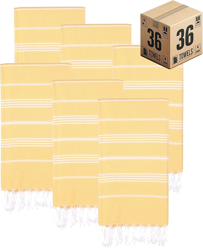 Turkish Beach Towels, Bulk Case of 36 | Oversized, Quick Dry, Sand Free | 100% Cotton, Large 38x71 Towels for Beach, Pool, Travel | Ultra-Soft, Compact, Absorbent | Yellow