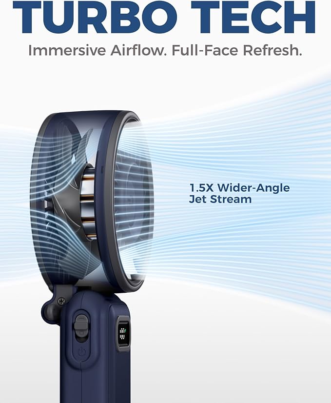 Diveblues Portable Handheld Fan, 7.4m/s High Speed Turbo Fan, 180° Foldable 4-in-1 Personal Neck Fan Integrated Carabiner Clip, 100 Speed Stepless Control, USB-C Rechargeable, 12H Battery, Fanzy D6036
