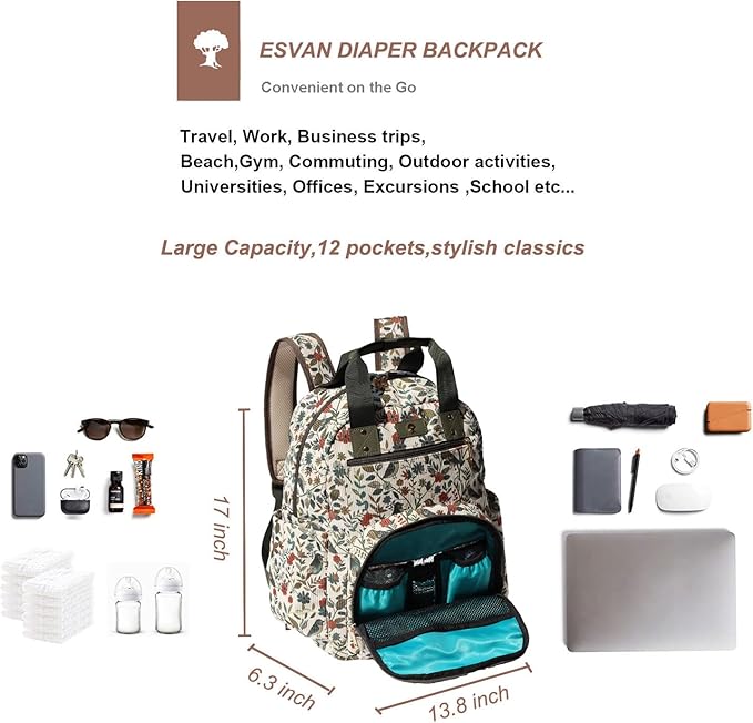 Diaper Bag Backpack, Large Capacity Multifunction Baby Essentials Fashion Travel Pack Linen Canvas office Laptop Bag (Corduroy Leaf Bird)