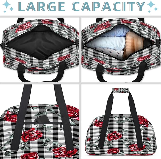 Travel Duffle Bag, Red Rose Black White Plaid Waterproof Weekender Overnight Bags for Women Men Lightweight Carry on Duffle Gym Bag for Travel, Sports, Fitness, Workout