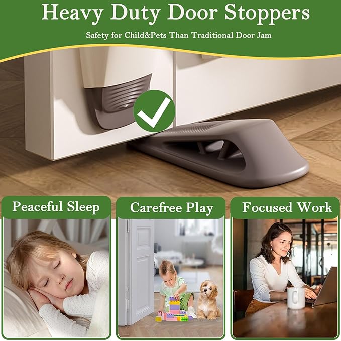 Fursafe&Q Rubber Door Stoppers for Bottom of Door, Door Stop Wedge with Holder, Heavy Duty Doorstops 2 Pack, Wall Protector for Home & Office & School & Commercial Doorstop Keep Open Stack Brown