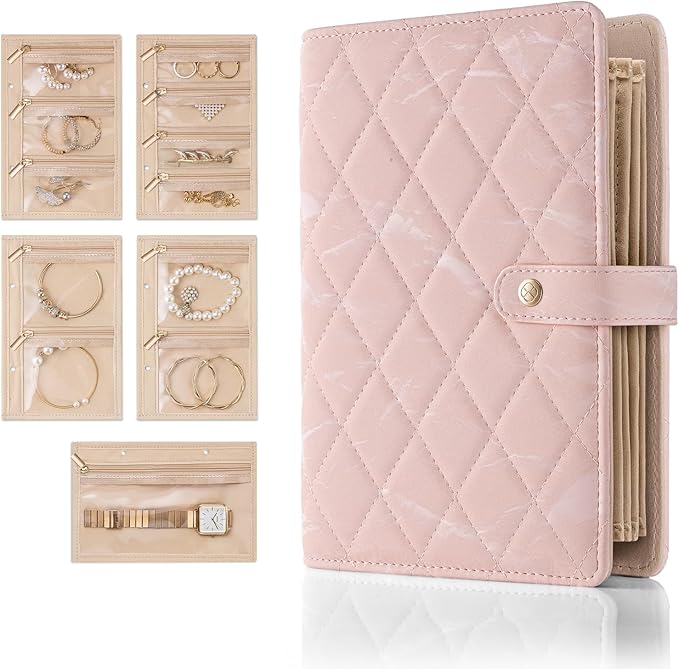 Vlando Jewelry Book Organizer - Leather Travel Jewelry Case with 5 Detachable Pages for Necklaces, Rings, Earrings, Tangle-Free, Giftable,Seashell Pink