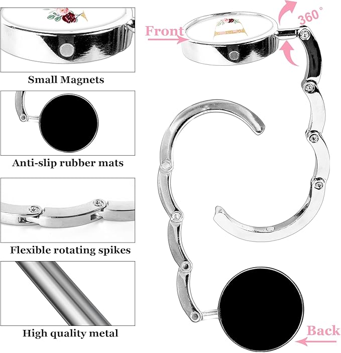 XSUIOY 3Pcs Personalized Initial Foldable Purse Hook for Table,Crushed Flower Letters Folding Purse Hanger,Purse Holder Handbag Hanger Collection Desk Table Bag Hooks Gifts for Women Bag(Pink-D)