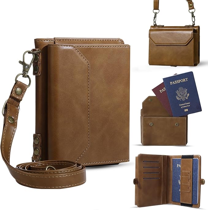 ASAPDOS RFID Blocking Family Passport Holder Wallet,Hold 2-3 Passports for Travel with Credit Card Slots & Wrist Crossbody Strap Coffee