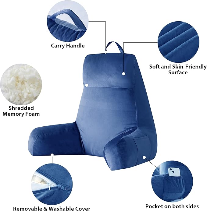 Reading Pillow with Arms for Adult, Back Pillow for Bed Sitting Up, Shredded Memory Foam Backrest Pillow with Pockets & Removable Washable Cover, Lounging, Watching TV, Reading(24" Navy Blue)