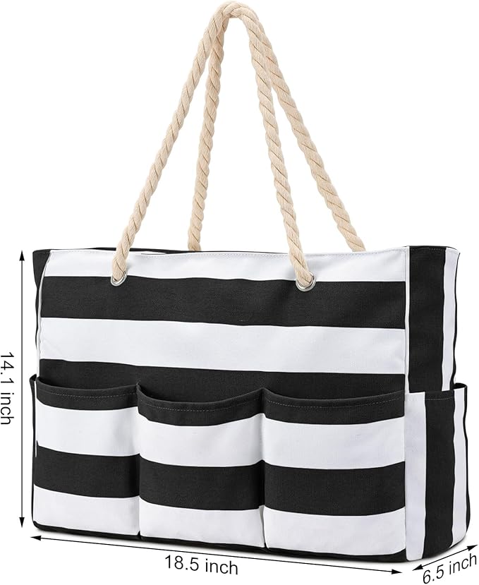 Becokan Beach Bags for Women Canvas Large Beach Tote Bag Zipper Waterproof Sandproof Foldable Swim Pool Bag with 7 Pockets