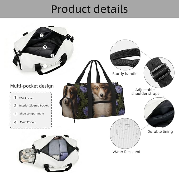 Sports Gym Bag Purple Flowers Cute Dog Travel Duffel Bag With Shoe Compartment Shoulder Strap, Lightweight Water-Resistant Weekend Overnight Totes For Women Men