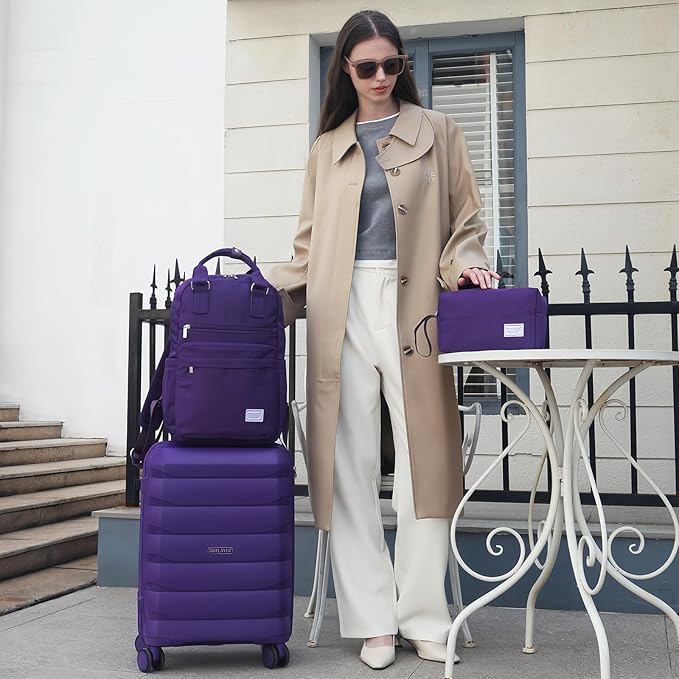 Carry On Luggage 22x14x9 Airline Approved, 22 Inch PP Hardshell Luggage Carry-on Suitcase with Spinner Wheels, Carry On Suitcase Set for Women(Purple)