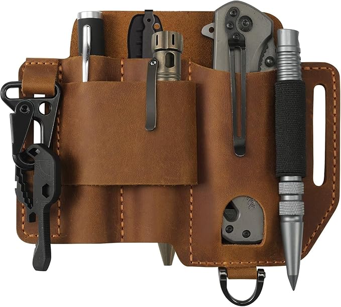 Jack&Chris Leather EDC Multitool Sheath for Belt, EDC Belt Organizer for Leatherman Tools, EDC Pocket Organizer for Men with Pen Holder, Key Fob, Flashlight Sheath