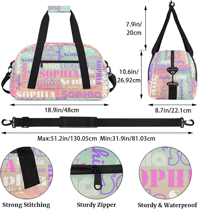 Custom Gymnastics Bag with Name for Girls, Personalized Kids Dance Bag Duffle Bag Overnight Bags for Travel, Gradient Green Peach
