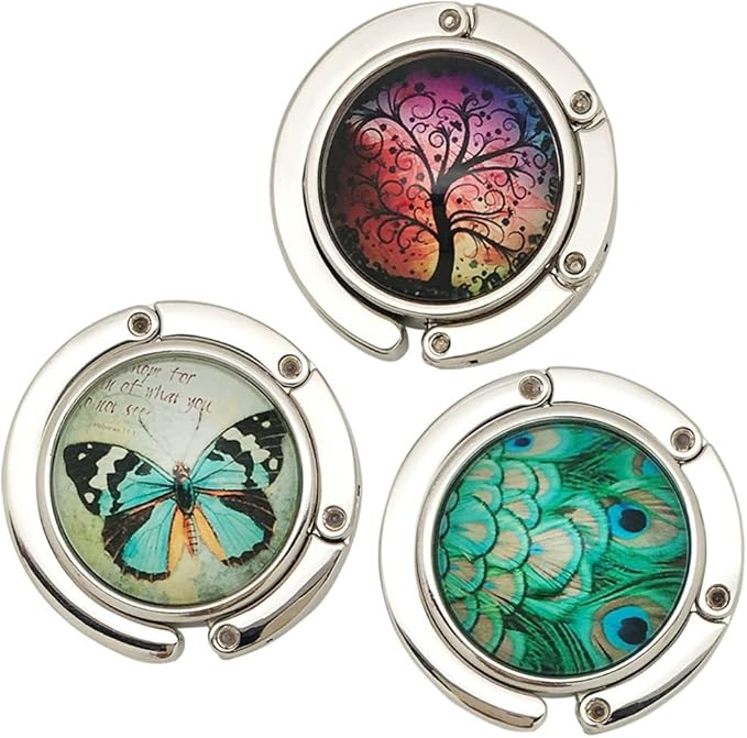 Purse Hook Set of 3 - Butterfly,Wish Tree,Peacock Foldable Handbag Hanger Safer Cleaner Bag, Fold Up for Easy Storage,Folding Table Hanger, with Velvet Pouch