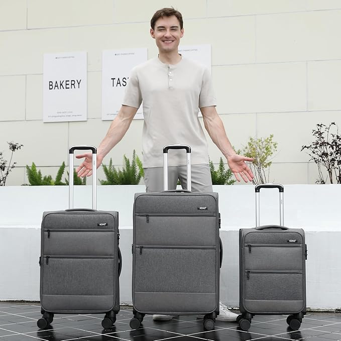 Kono 28 Inch Softside Expandable Checked Luggage with 8 Spinner Wheels TSA Lock Softshell Lightweight Business Travel Suitcase for Men and Women, Grey