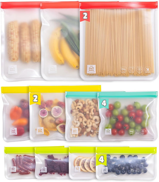 12 Pack Variety Reusable Food Storage Bags, Food Grade Silicone PEVA Material, Double Zipper, Freezer Safe, BPA-Free (4 Snack, 4 Sandwich, 2 Quart, 2 Gallon)