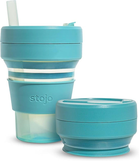 STOJO Collapsible Travel Cup - Reusable To-Go Pocket Size Silicone Bottle for Hot and Cold Drinks - Perfect for Camping - Microwave & Dishwasher Safe (Translucent Eucalyptus, 16, ounces)