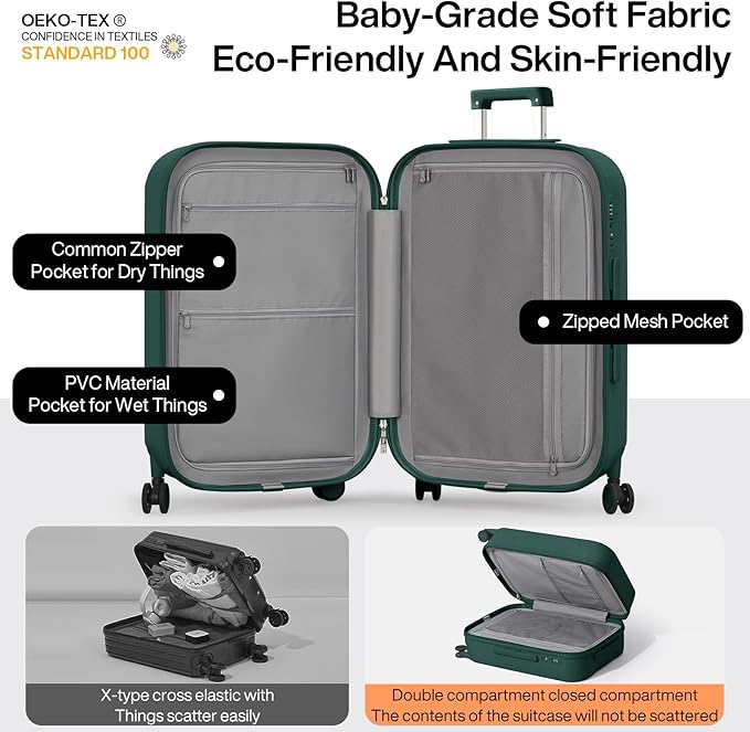 mixi Checked Luggage with Cup Phone Holder Hard Shell Rolling Travel Suitcases with Spinner Wheels,26 Inch Blackish Green